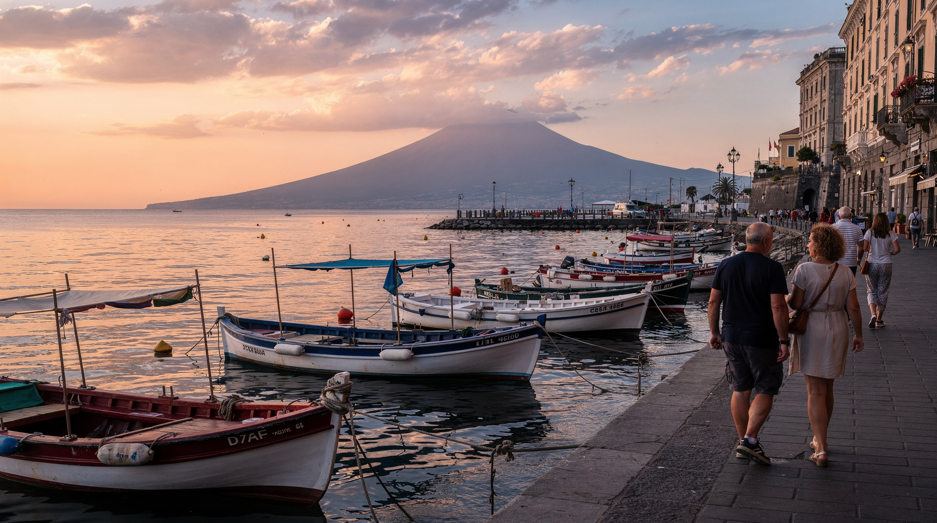 Paseo nocturno por el Lungomare de Nápoles — del Castel dell'Ovo a Mergellina — Paseo marítimo de Nápoles al atardecer: Castel dell'Ovo, Borgo Marinari, helado,
